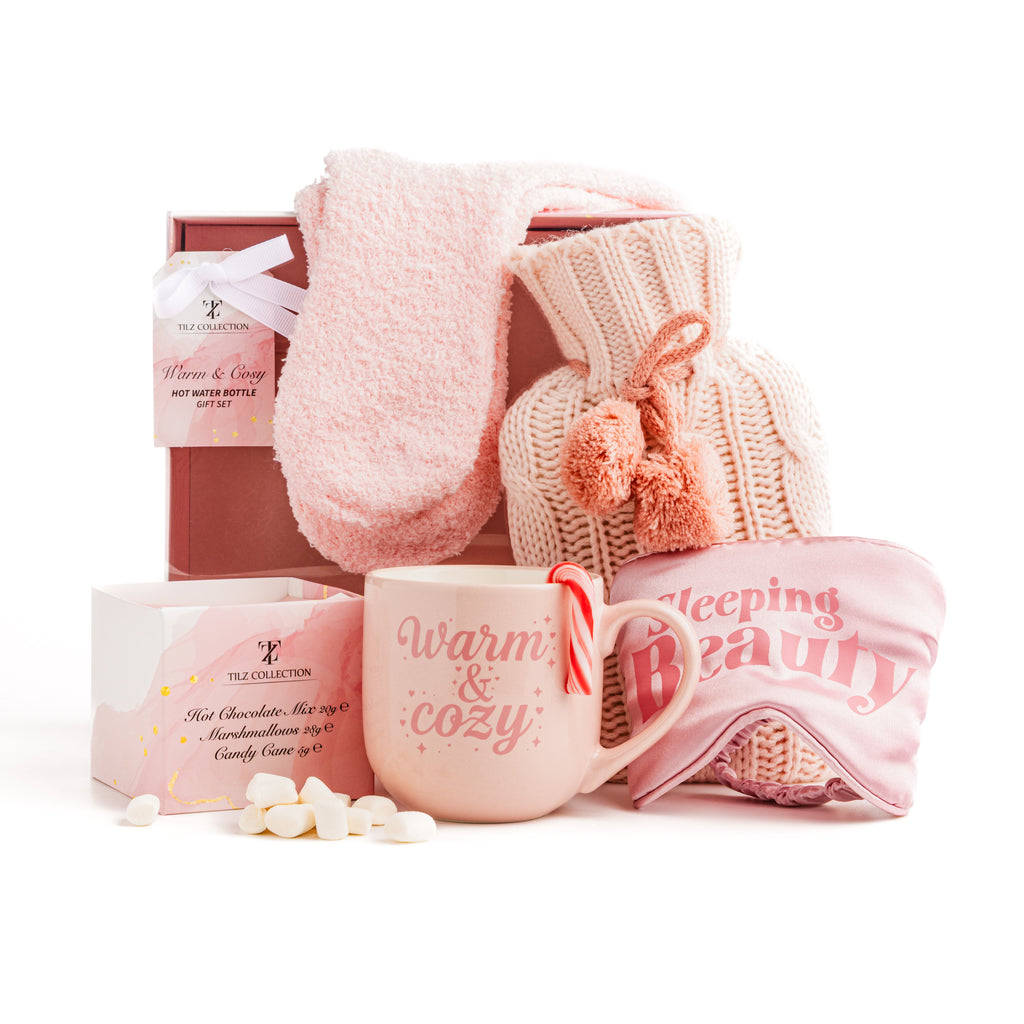 Tilz Collection Warm and Cosy Night-In Gift Box with hot water bottle, mug and hot chocolate treats